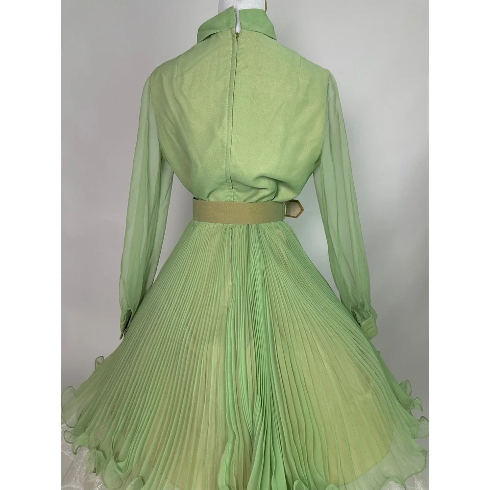 Vintage 70s Jack Bryan Pastel Green Chiffon‎ Pleated Midi Dress Mock Neck Belted